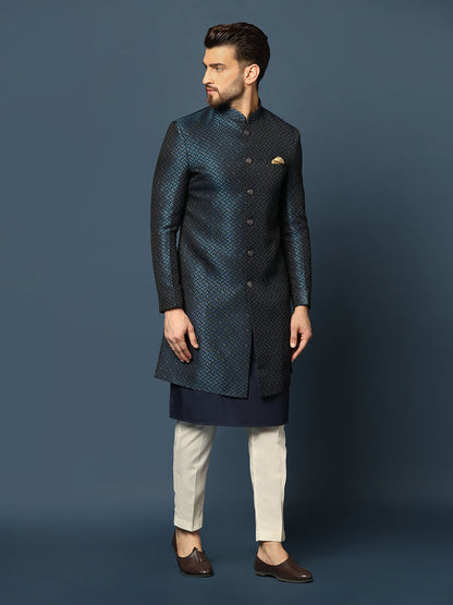Navy Blue Silk Blend Indo-Western Sherwani Set with Jacquard Jacket, Kurta and Cream Trousers â€“ Wedding & Reception Ensemble