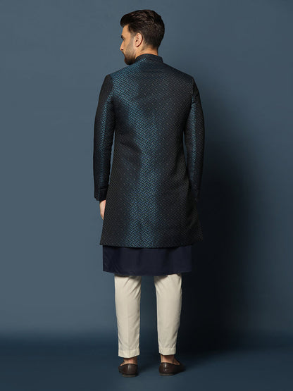 Navy Blue Silk Blend Indo-Western Sherwani Set with Jacquard Jacket, Kurta and Cream Trousers â€“ Wedding & Reception Ensemble
