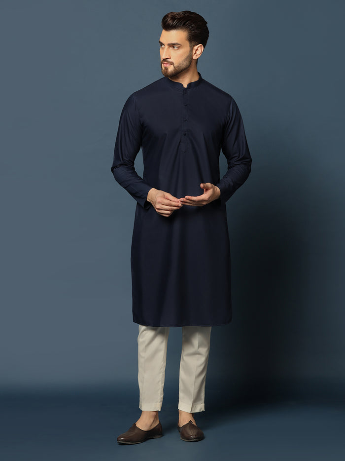 Navy Blue Silk Blend Indo-Western Sherwani Set with Jacquard Jacket, Kurta and Cream Trousers â€“ Wedding & Reception Ensemble