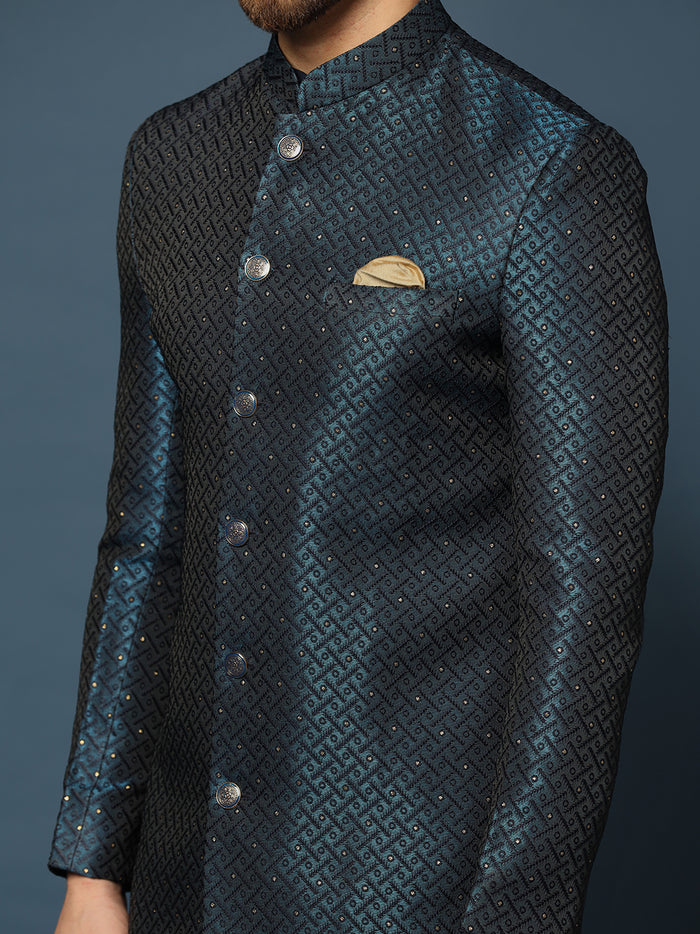 Navy Blue Silk Blend Indo-Western Sherwani Set with Jacquard Jacket, Kurta and Cream Trousers â€“ Wedding & Reception Ensemble