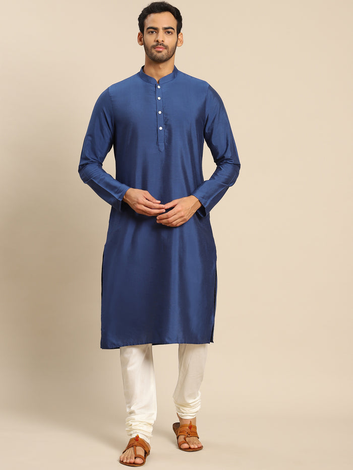 Navy Blue Silk Blend Solid Long Kurta