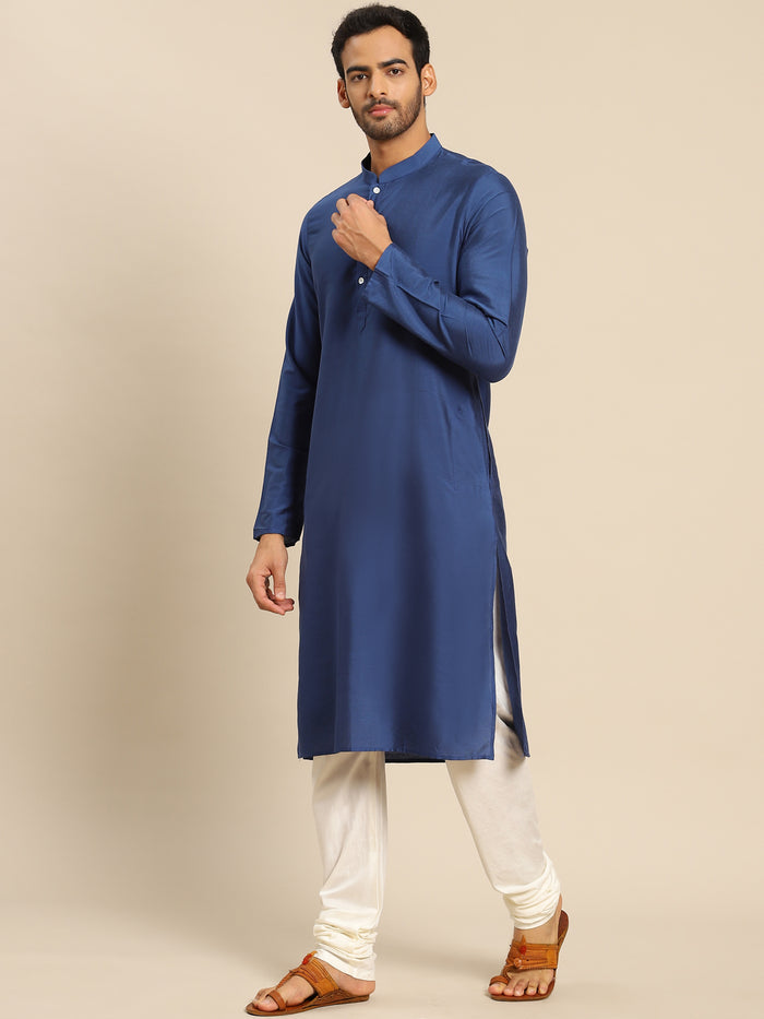 Navy Blue Silk Blend Solid Long Kurta