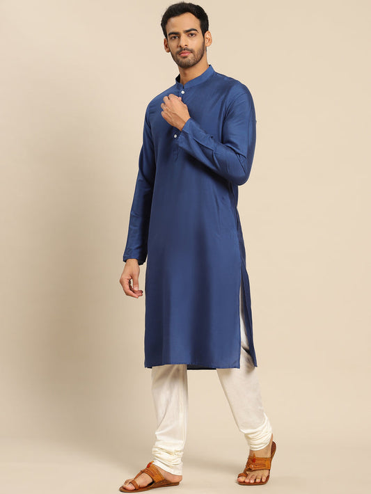 Navy Blue Silk Blend Solid Long Kurta