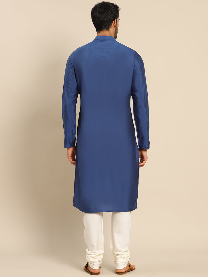 Navy Blue Silk Blend Solid Long Kurta