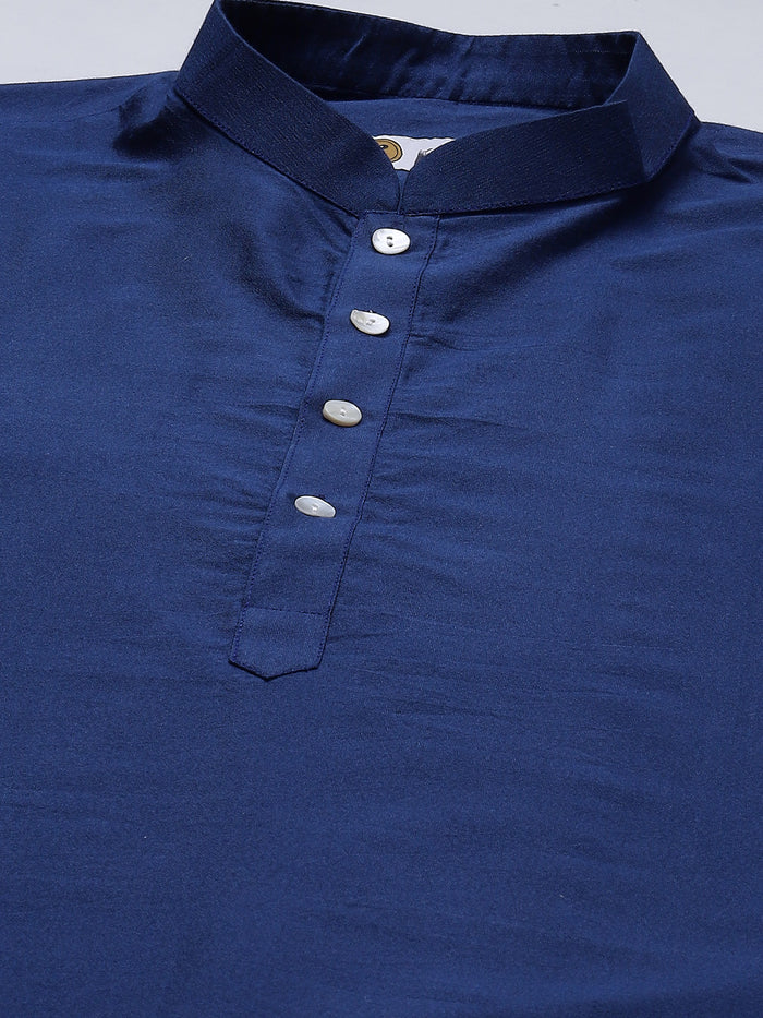 Navy Blue Silk Blend Solid Long Kurta