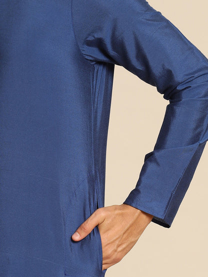 Navy Blue Silk Blend Solid Long Kurta