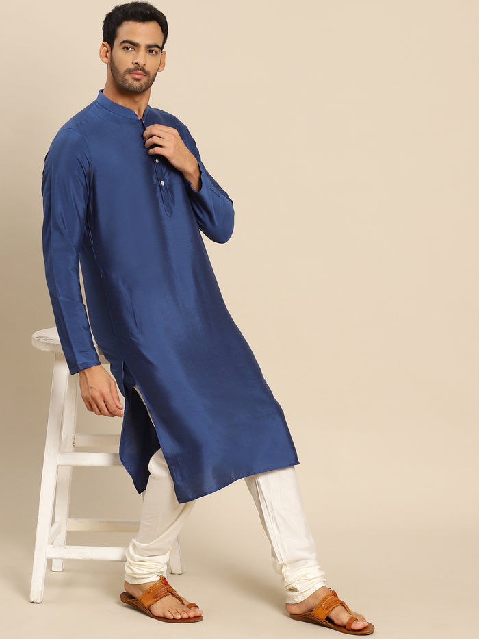 Navy Blue Silk Blend Solid Long Kurta