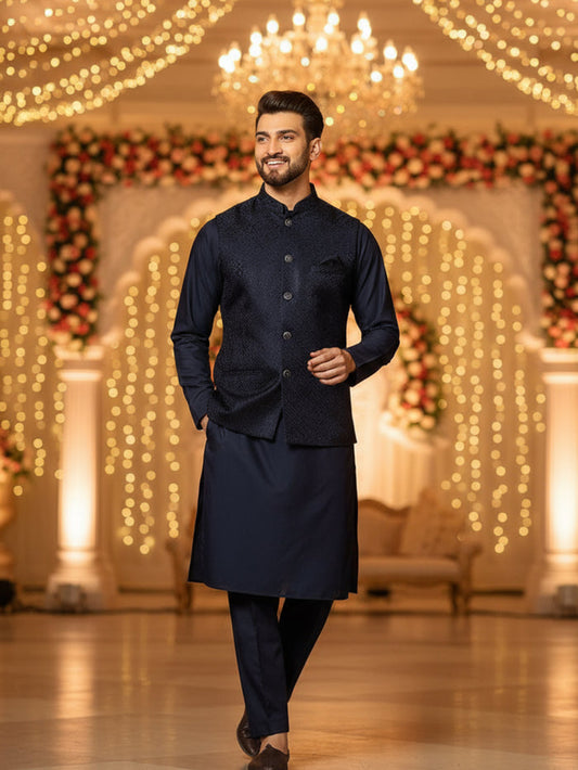 Navy Blue Silk Blend Textured Jacket Kurta Trouser