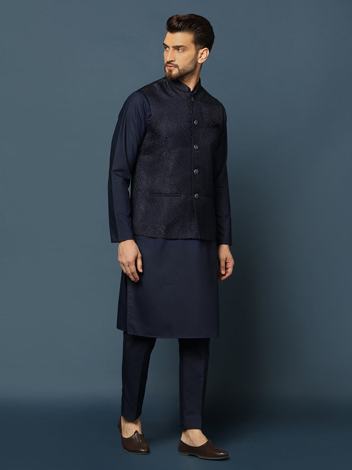 Navy Blue Silk Blend Textured Jacket Kurta Trouser