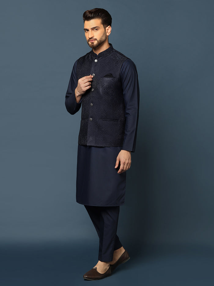 Navy Blue Silk Blend Textured Jacket Kurta Trouser