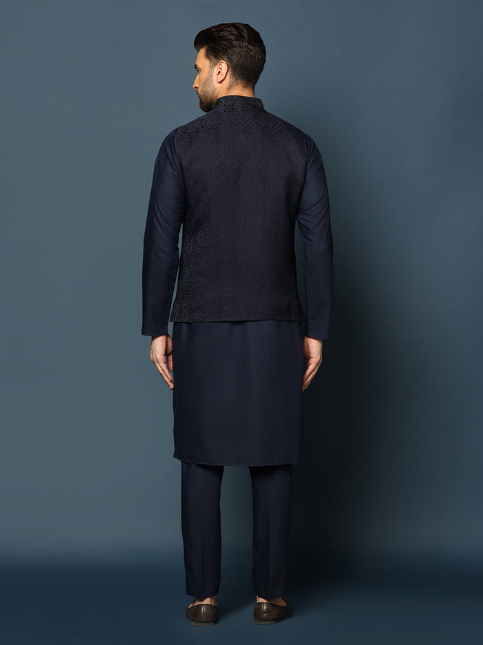 Navy Blue Silk Blend Textured Jacket Kurta Trouser