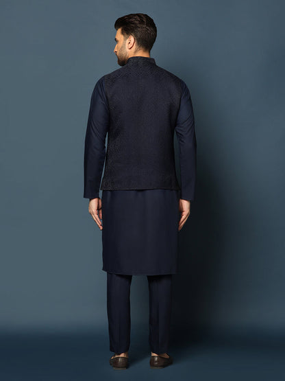 Navy Blue Silk Blend Textured Jacket Kurta Trouser