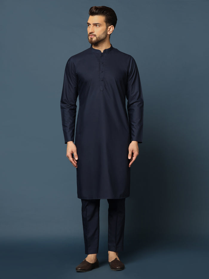 Navy Blue Silk Blend Textured Jacket Kurta Trouser