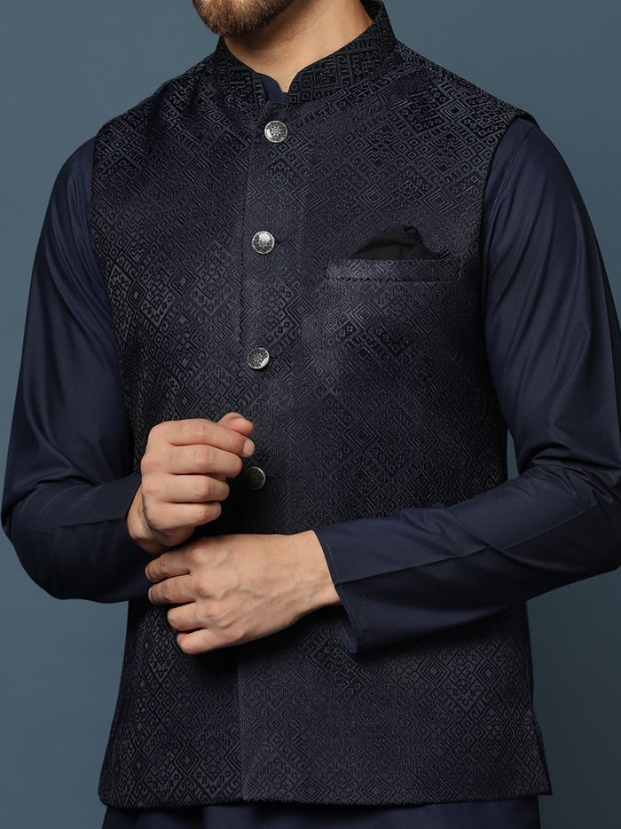 Navy Blue Silk Blend Textured Jacket Kurta Trouser