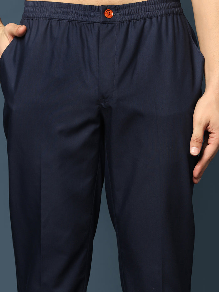 Navy Blue Silk Blend Textured Jacket Kurta Trouser