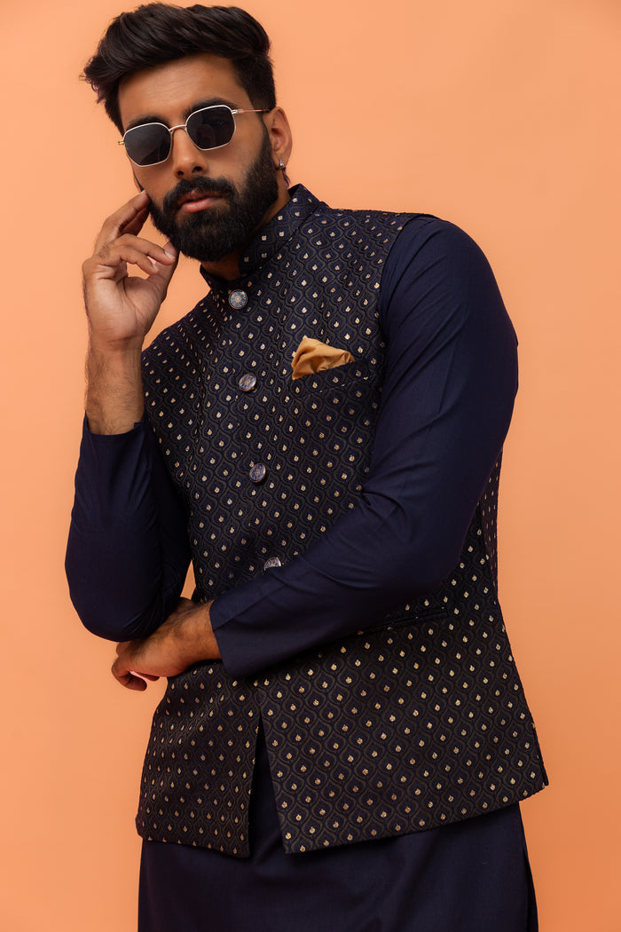 Navy Blue Textured Jacquard Nehru Jacket with Embellished Buttons and Gold Pocket Square