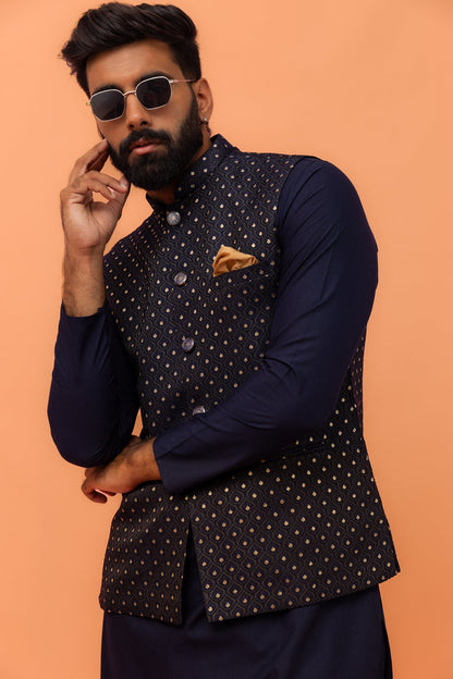Navy Blue Textured Jacquard Nehru Jacket with Embellished Buttons and Gold Pocket Square
