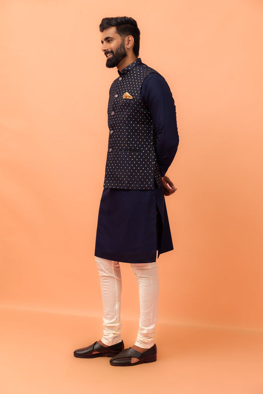 Navy Blue Textured Jacquard Nehru Jacket with Embellished Buttons and Gold Pocket Square