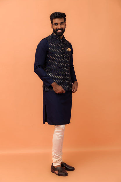 Navy Blue Textured Jacquard Nehru Jacket with Embellished Buttons and Gold Pocket Square