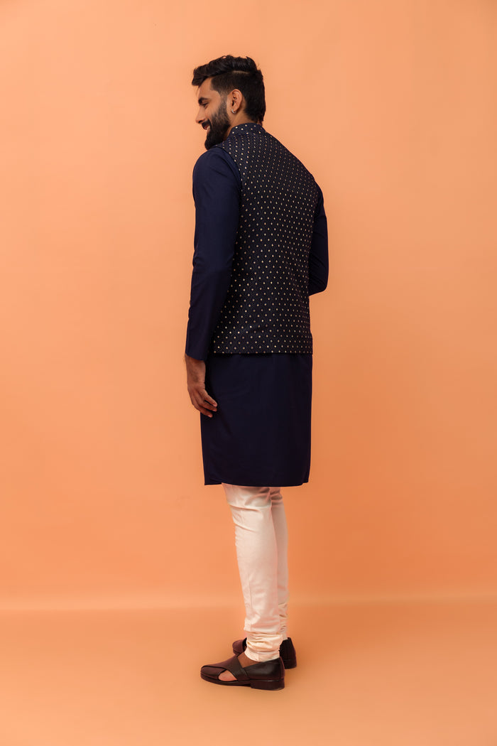 Navy Blue Textured Jacquard Nehru Jacket with Embellished Buttons and Gold Pocket Square