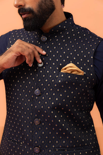 Navy Blue Textured Jacquard Nehru Jacket with Embellished Buttons and Gold Pocket Square