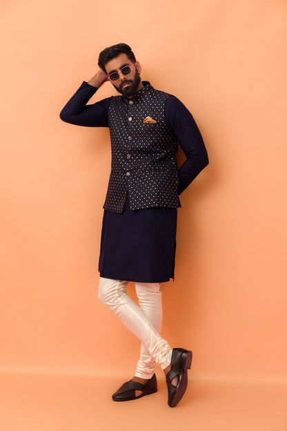 Navy Blue Textured Jacquard Nehru Jacket with Embellished Buttons and Gold Pocket Square