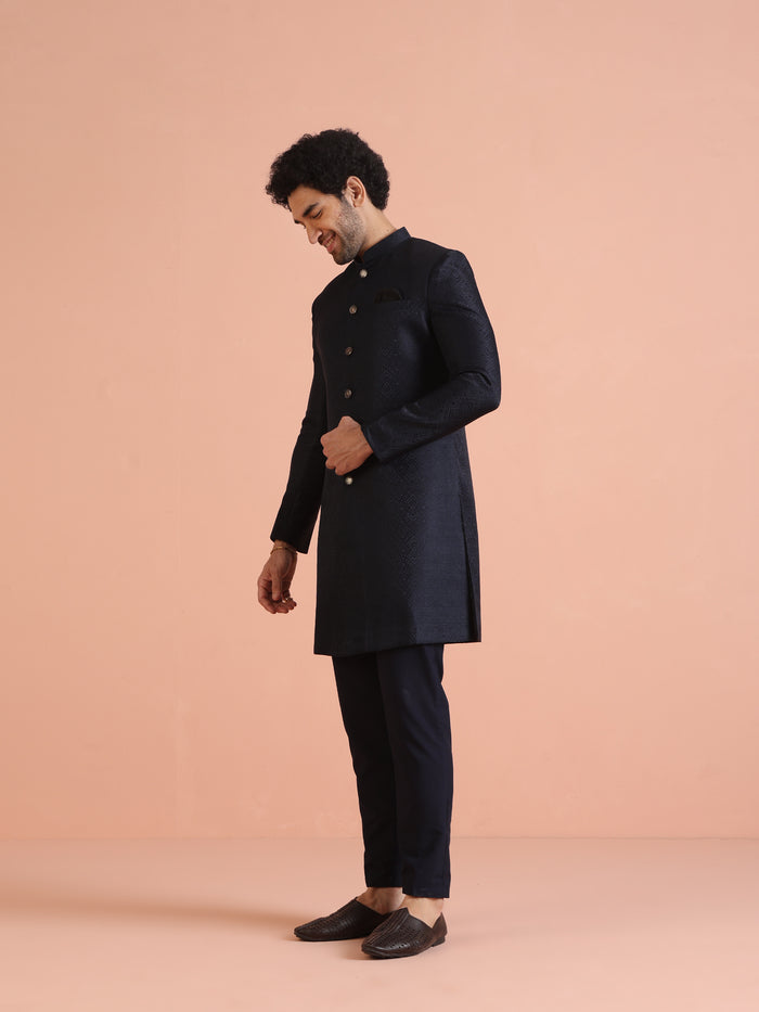 Navy Blue Textured Sherwani Trouser Set
