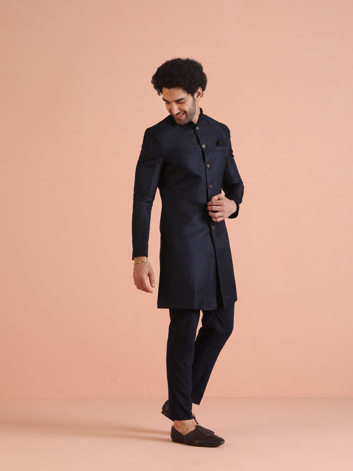 Navy Blue Textured Sherwani Trouser Set