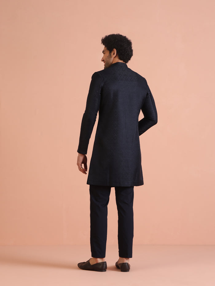 Navy Blue Textured Sherwani Trouser Set