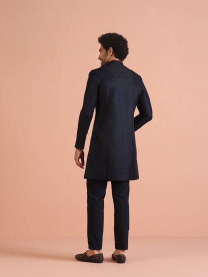 Navy Blue Textured Sherwani Trouser Set