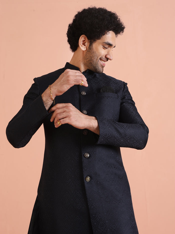 Navy Blue Textured Sherwani Trouser Set