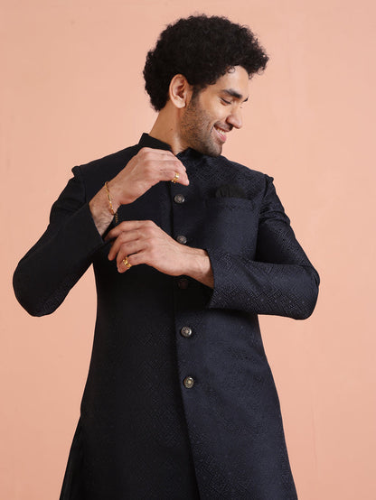 Navy Blue Textured Sherwani Trouser Set