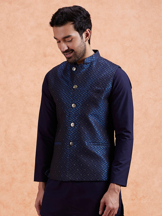 Navy Jacquard Textured Nehru Jacket