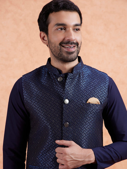 Navy Jacquard Textured Nehru Jacket