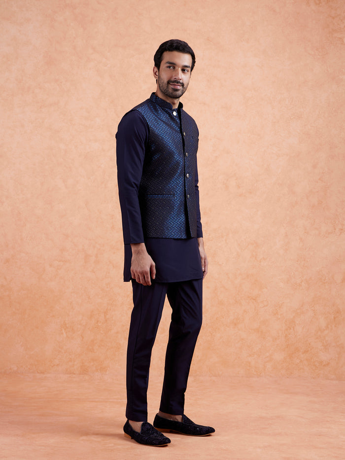 Navy Jacquard Textured Nehru Jacket
