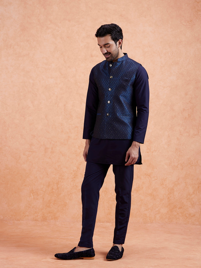 Navy Jacquard Textured Nehru Jacket