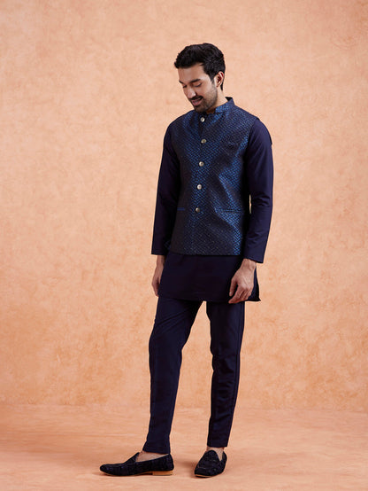Navy Jacquard Textured Nehru Jacket