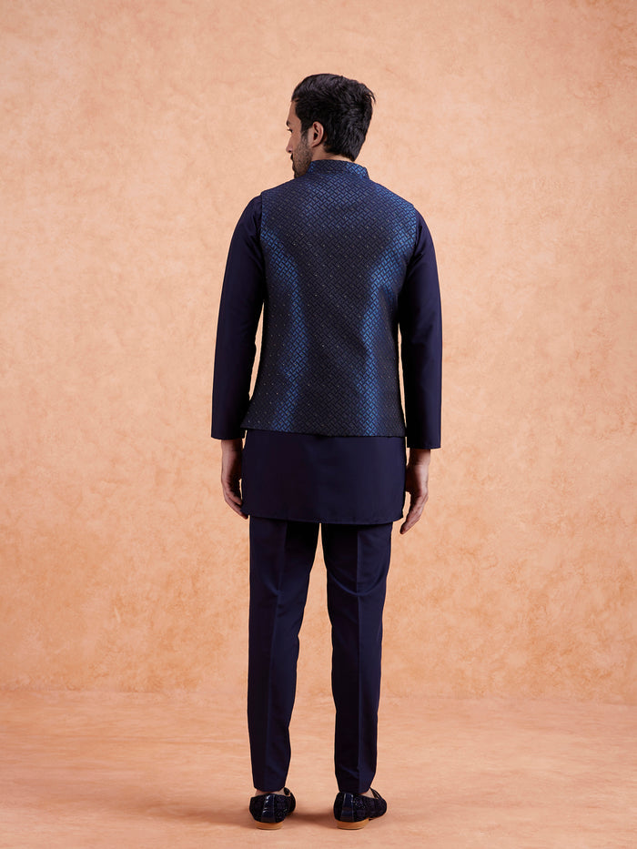 Navy Jacquard Textured Nehru Jacket