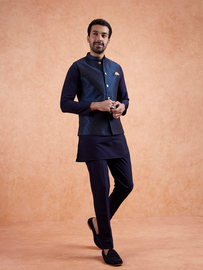 Navy Jacquard Textured Nehru Jacket