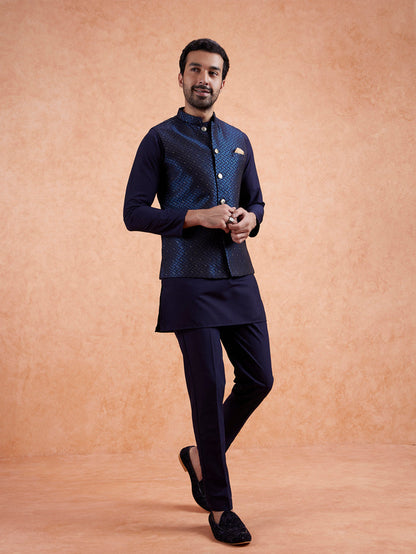 Navy Jacquard Textured Nehru Jacket