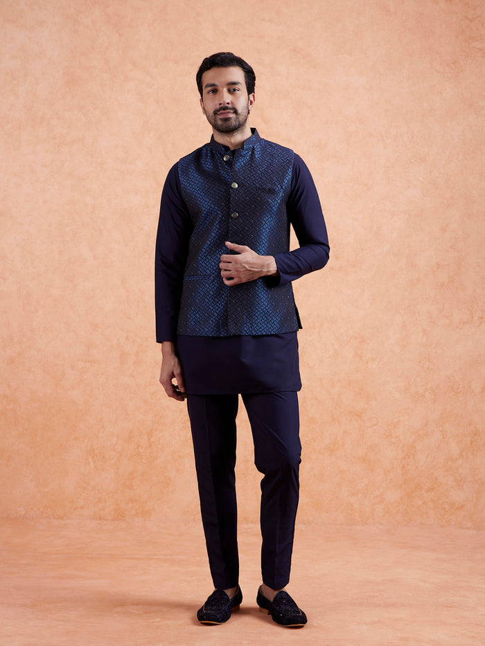 Navy Jacquard Textured Nehru Jacket