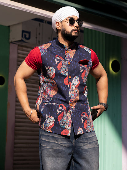 Navy Paisley Printed Nehru Jacket
