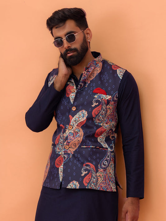 Navy Paisley Printed Nehru Jacket