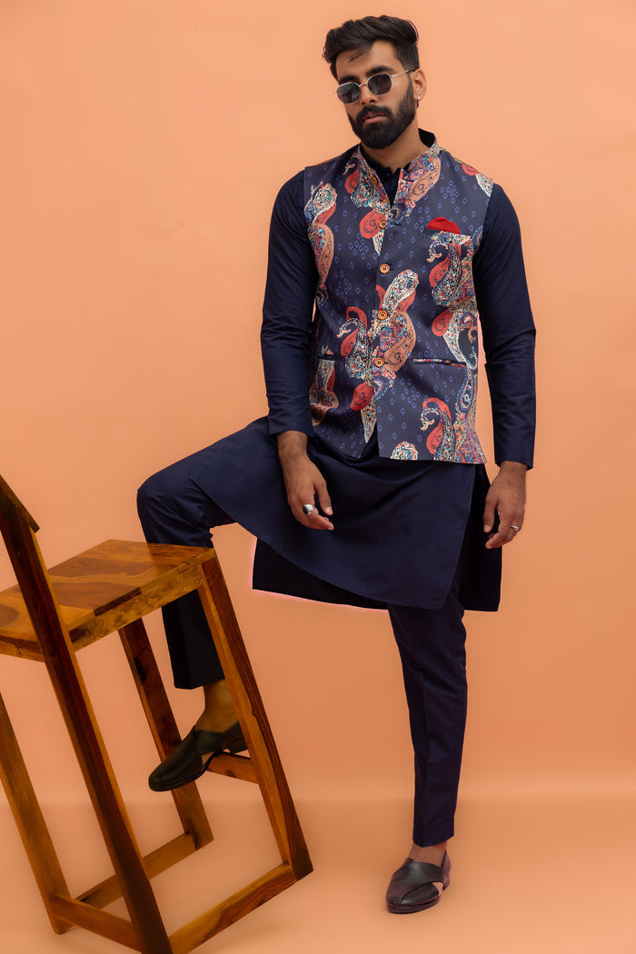 Navy Paisley Printed Nehru Jacket