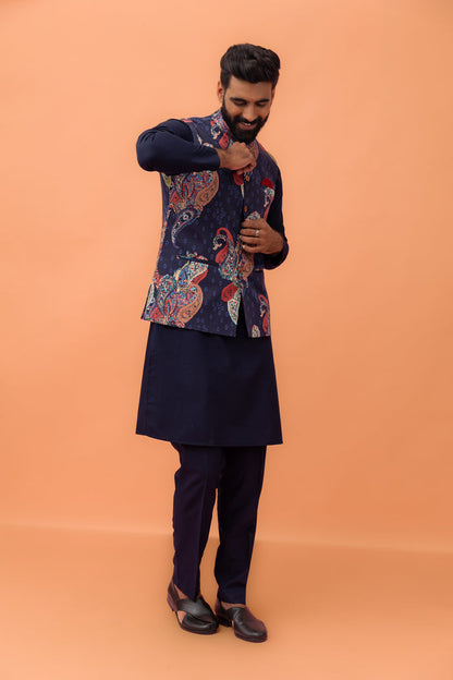 Navy Paisley Printed Nehru Jacket