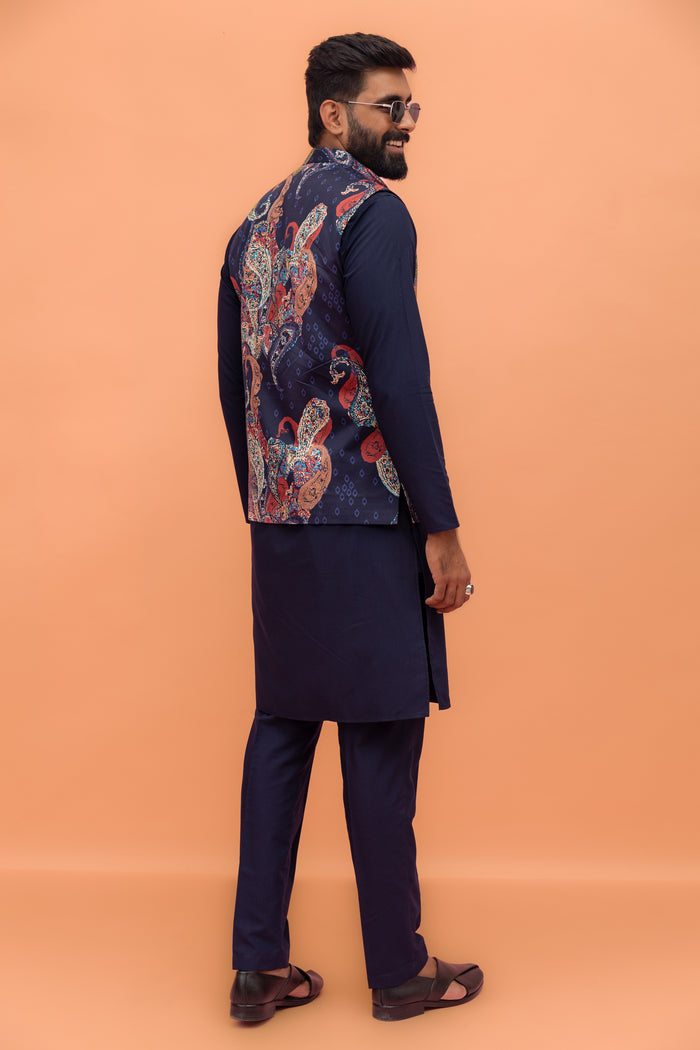 Navy Paisley Printed Nehru Jacket