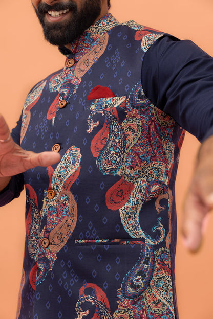 Navy Paisley Printed Nehru Jacket