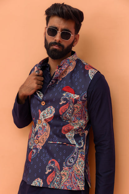 Navy Paisley Printed Nehru Jacket