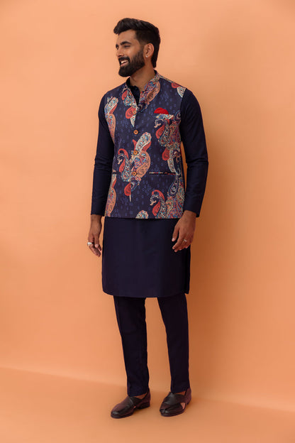 Navy Paisley Printed Nehru Jacket
