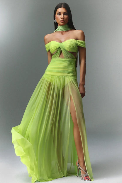 Neon Luxe Off-Shoulder Chiffon Gown